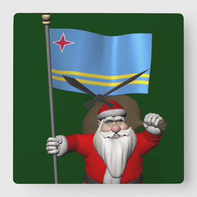 Santa Claus With Ensign Of Aruba Square Wall Clock (Front)