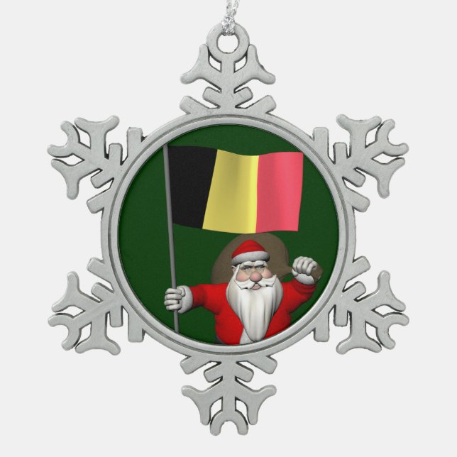Santa Claus With Ensign Of Belgium Snowflake Pewter Christmas Ornament (Front)