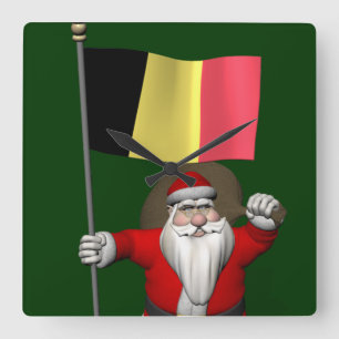 Santa Claus With Ensign Of Belgium Square Wall Clock