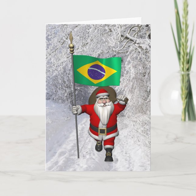 Santa Claus With Ensign Of Brazil Holiday Card (Front)