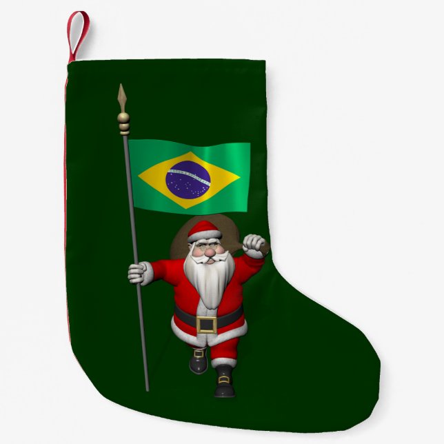Santa Claus With Ensign Of Brazil Small Christmas Stocking (Front)