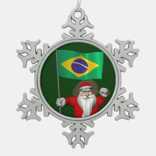 Santa Claus With Ensign Of Brazil Snowflake Pewter Christmas Ornament