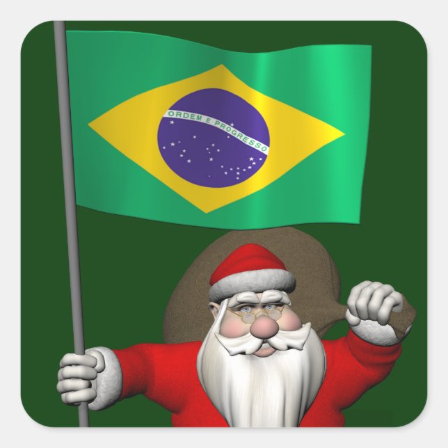 Santa Claus With Ensign Of Brazil Square Sticker (Front)
