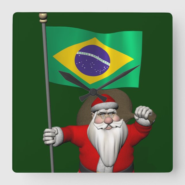 Santa Claus With Ensign Of Brazil Square Wall Clock (Front)