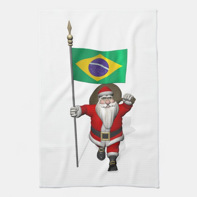 Santa Claus With Ensign Of Brazil Tea Towel (Vertical)