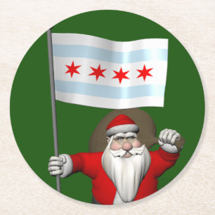 Santa Claus With Ensign Of Chicago Round Paper Coaster