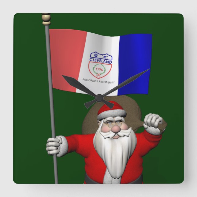 Santa Claus With Ensign Of Cleveland Square Wall Clock (Front)