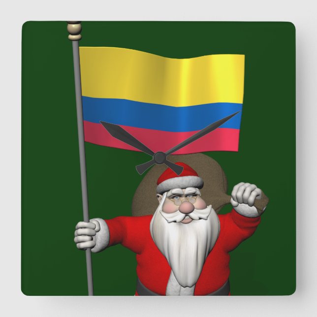 Santa Claus With Ensign Of Colombia Square Wall Clock (Front)