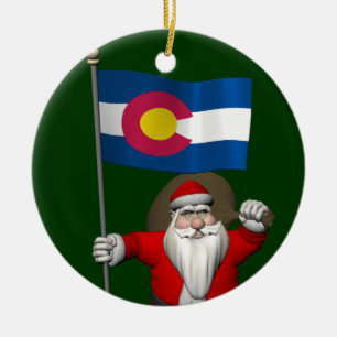 Santa Claus With Ensign Of Colorado Ceramic Ornament