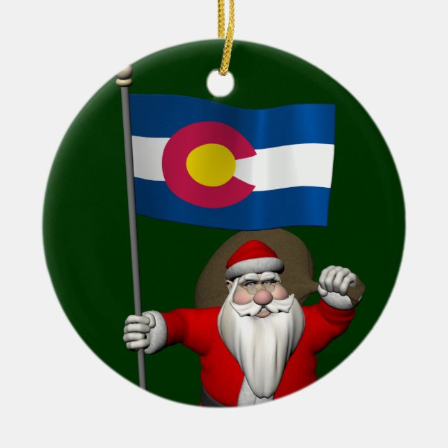 Santa Claus With Ensign Of Colorado Ceramic Ornament (Front)