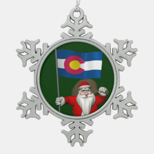 Santa Claus With Ensign Of Colorado Snowflake Pewter Christmas Ornament