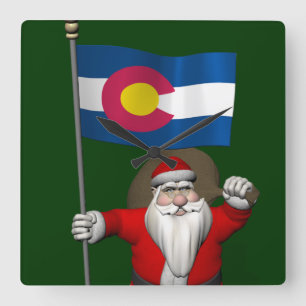 Santa Claus With Ensign Of Colorado Square Wall Clock