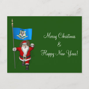 Santa Claus With Ensign Of Connecticut Holiday Postcard