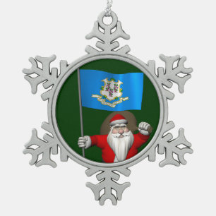 Santa Claus With Ensign Of Connecticut Snowflake Pewter Christmas Ornament
