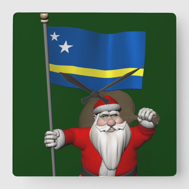 Santa Claus With Ensign Of Curaçao Square Wall Clock (Front)