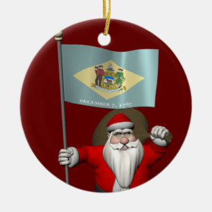 Santa Claus With Ensign Of Delaware Ceramic Ornament