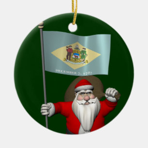 Santa Claus With Ensign Of Delaware Ceramic Tree Decoration
