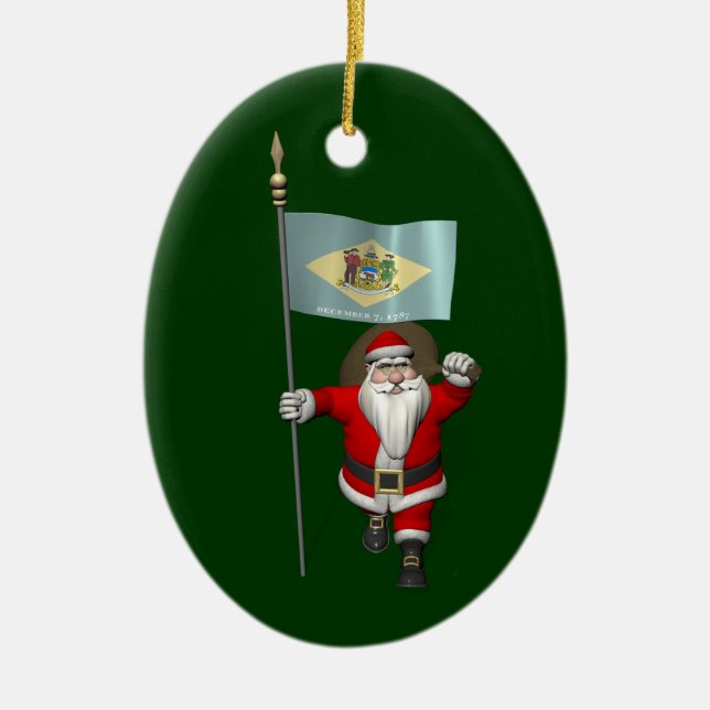 Santa Claus With Ensign Of Delaware Ceramic Tree Decoration (Front)