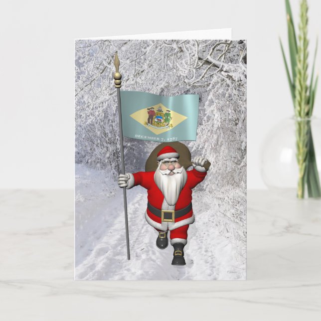 Santa Claus With Ensign Of Delaware Holiday Card (Front)
