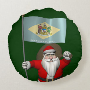 Santa Claus With Ensign Of Delaware Round Cushion
