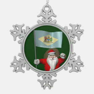 Santa Claus With Ensign Of Delaware Snowflake Pewter Christmas Ornament
