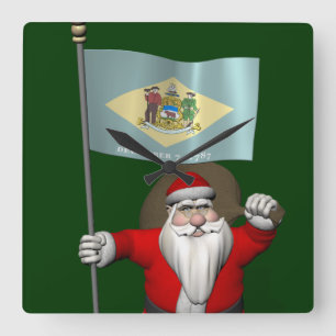 Santa Claus With Ensign Of Delaware Square Wall Clock