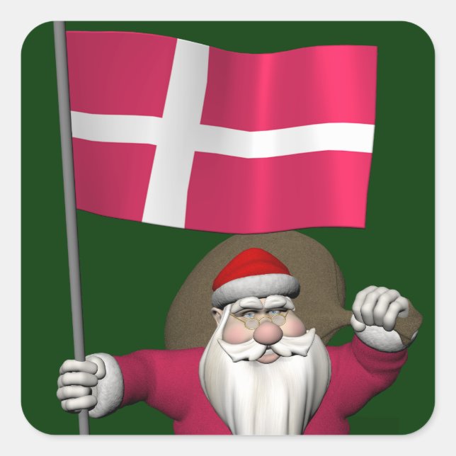 Santa Claus With Ensign Of Denmark Dannebrog Square Sticker (Front)