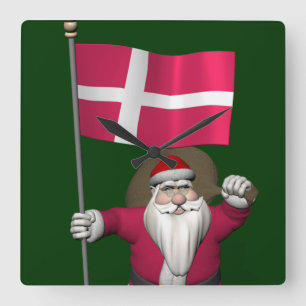 Santa Claus With Ensign Of Denmark Dannebrog Square Wall Clock