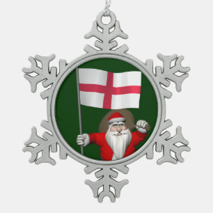 Santa Claus With Ensign Of England Snowflake Pewter Christmas Ornament