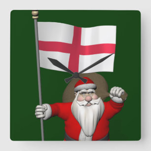 Santa Claus With Ensign Of England Square Wall Clock