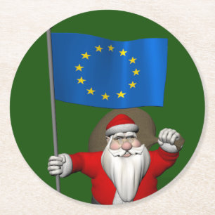 Santa Claus With Ensign Of European Union Round Paper Coaster