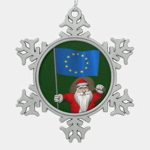 Santa Claus With Ensign Of European Union Snowflake Pewter Christmas Ornament