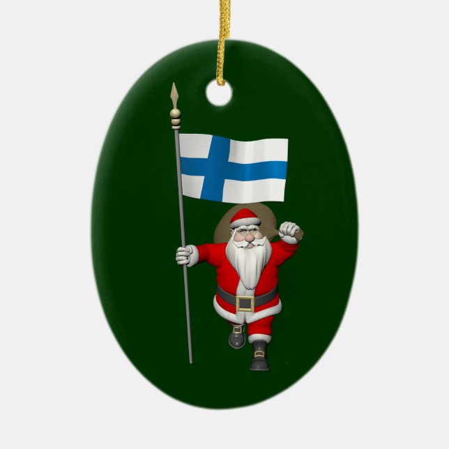 Santa Claus With Ensign Of Finland Ceramic Tree Decoration (Front)