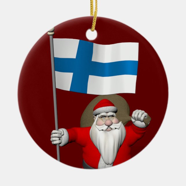 Santa Claus With Ensign Of Finland Suomi Ceramic Ornament (Front)