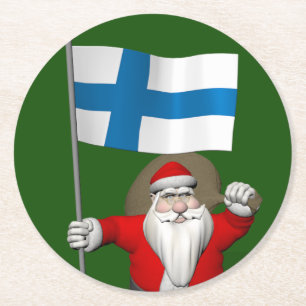 Santa Claus With Ensign Of Finland Suomi Round Paper Coaster