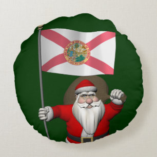 Santa Claus With Ensign Of Florida Round Cushion