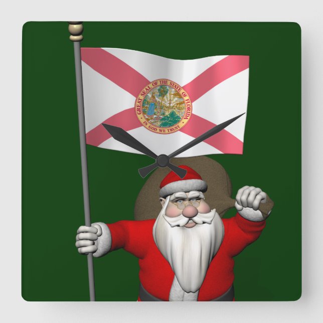 Santa Claus With Ensign Of Florida Square Wall Clock (Front)
