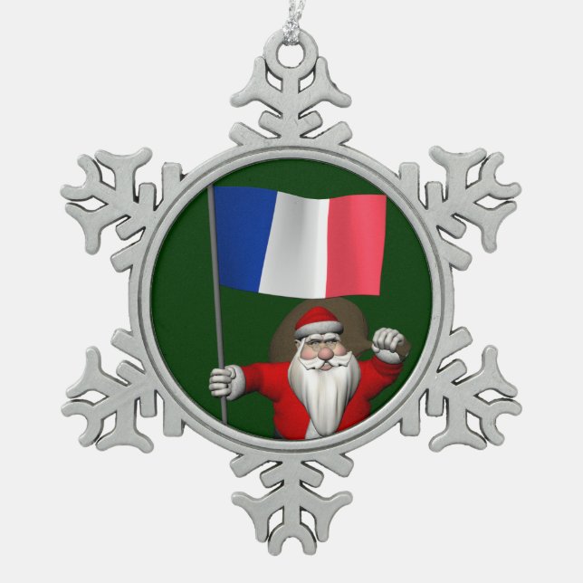 Santa Claus With Ensign Of France Snowflake Pewter Christmas Ornament (Front)