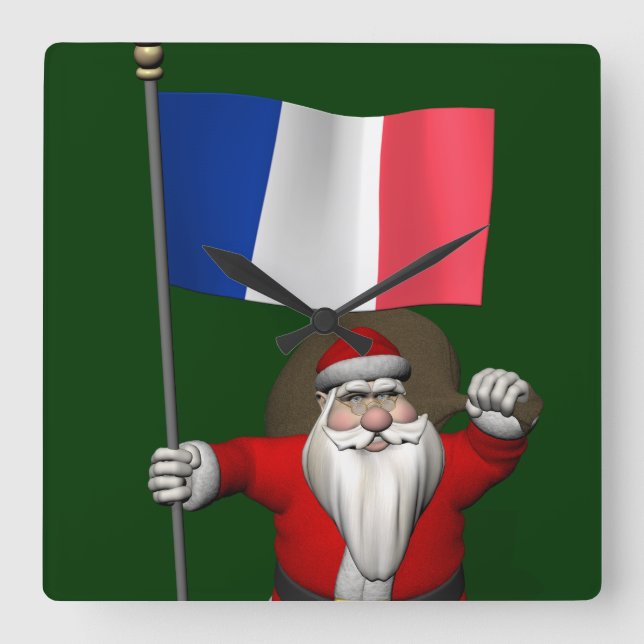 Santa Claus With Ensign Of France Square Wall Clock (Front)