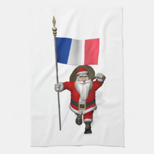 Santa Claus With Ensign Of France Tea Towel