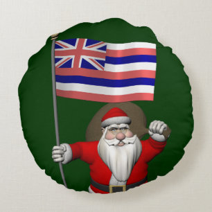 Santa Claus With Ensign Of Hawaii Round Cushion