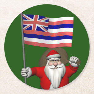 Santa Claus With Ensign Of Hawaii Round Paper Coaster
