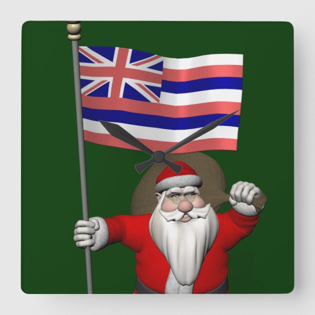Santa Claus With Ensign Of Hawaii Square Wall Clock (Front)