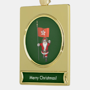 Santa Claus With Ensign Of Hong Kong Gold Plated Banner Ornament