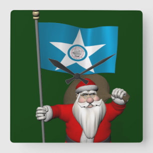 Santa Claus With Ensign Of Houston Square Wall Clock