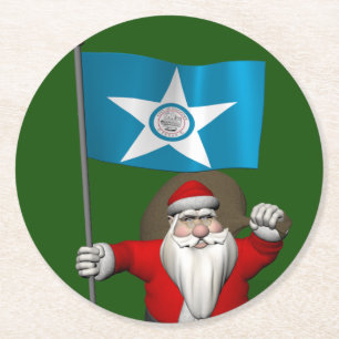 Santa Claus With Ensign Of Houston TX Round Paper Coaster