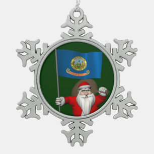 Santa Claus With Ensign Of  Idaho Snowflake Pewter Christmas Ornament