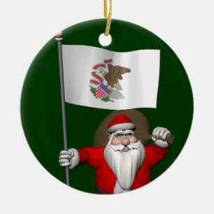 Santa Claus With Ensign Of Illinois Ceramic Ornament