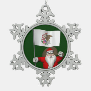 Santa Claus With Ensign Of Illinois Snowflake Pewter Christmas Ornament
