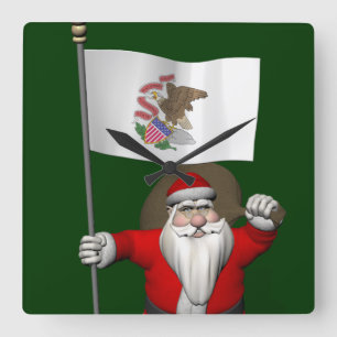 Santa Claus With Ensign Of Illinois Square Wall Clock